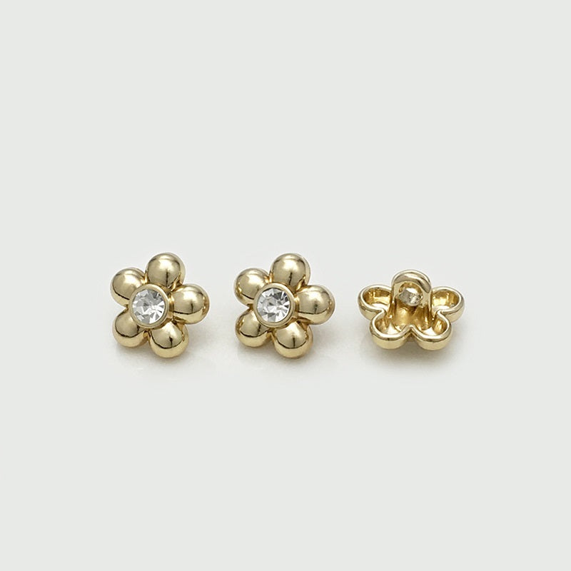 Gold flower shirt button with clear rhinestone, metal loop back