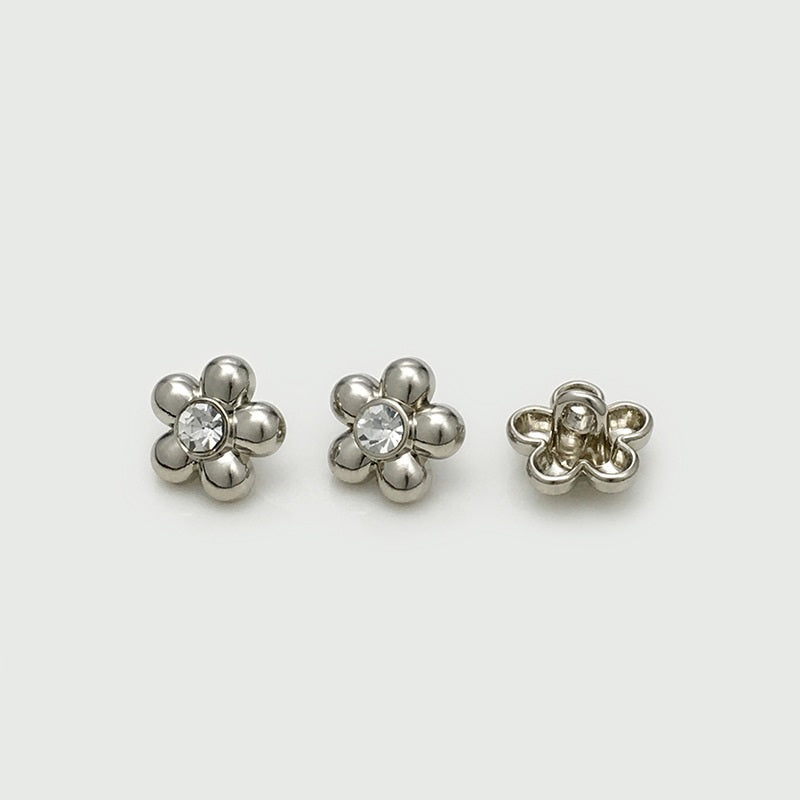 Silver flower shirt button with clear rhinestone, metal loop back