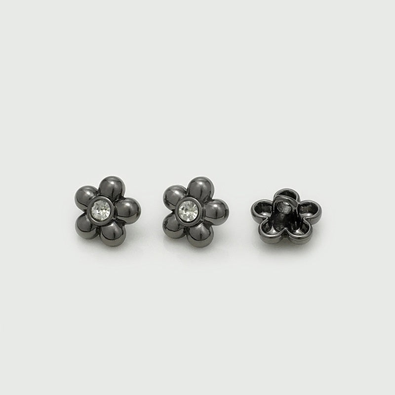 Dark/black flower shirt button with clear rhinestone, metal loop back