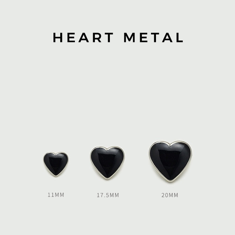 Heart-shaped metal buttons, 11mm 17.5mm 20mm, black centers.