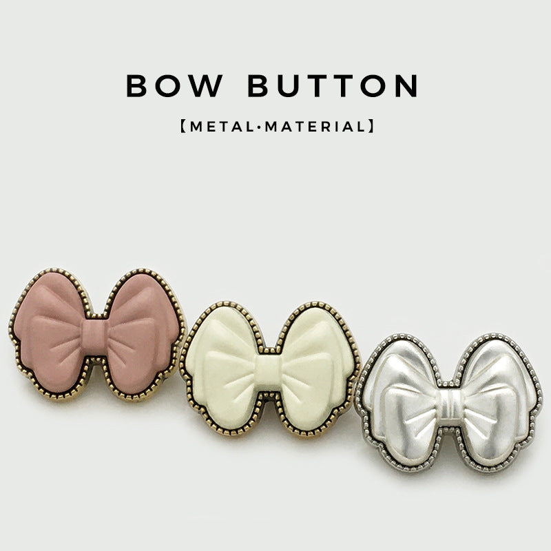 Set of bow resin buttons: pink and white double bows with metallic rims