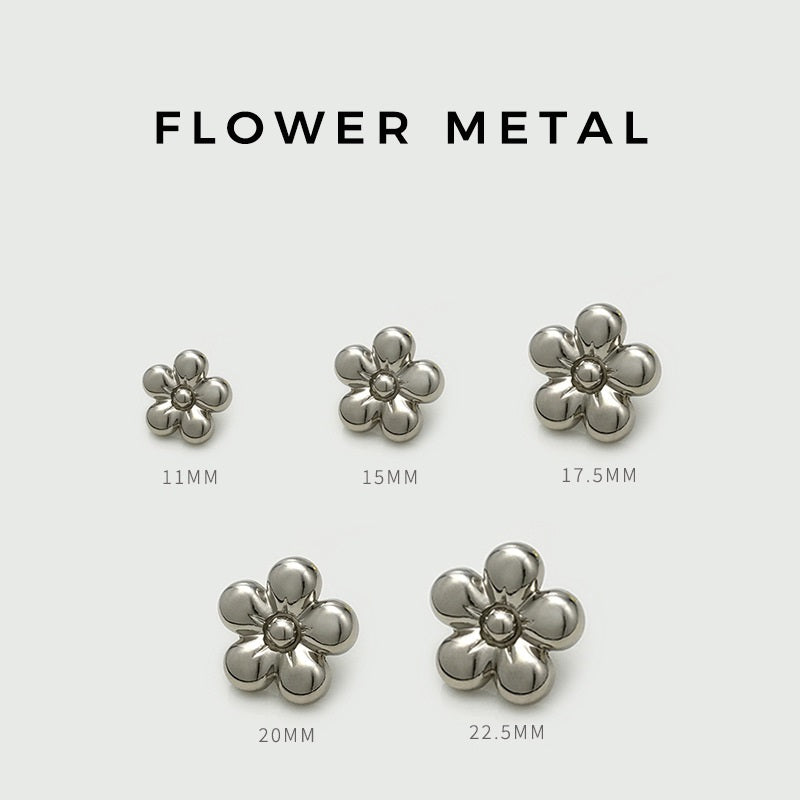 Flower metal buttons in silver, sizes 11mm to 22.5mm shown