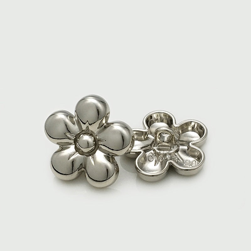 Glossy silver flower metal button with back shank and round center stud