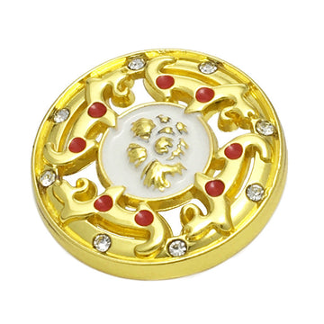 Gold hollow metal bead button, filigree design with red enamel and rhinestone accents