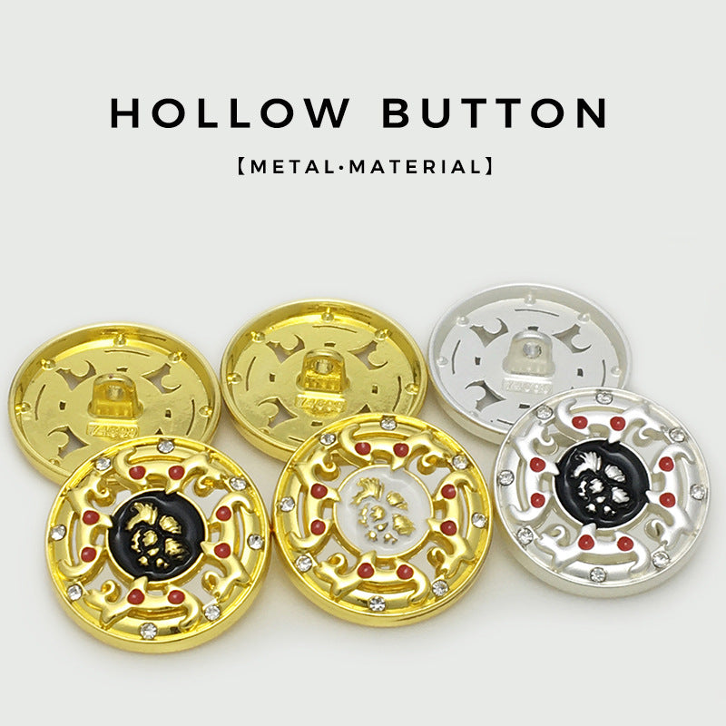 Set of hollow metal buttons: gold and silver with red dots and rhinestone details