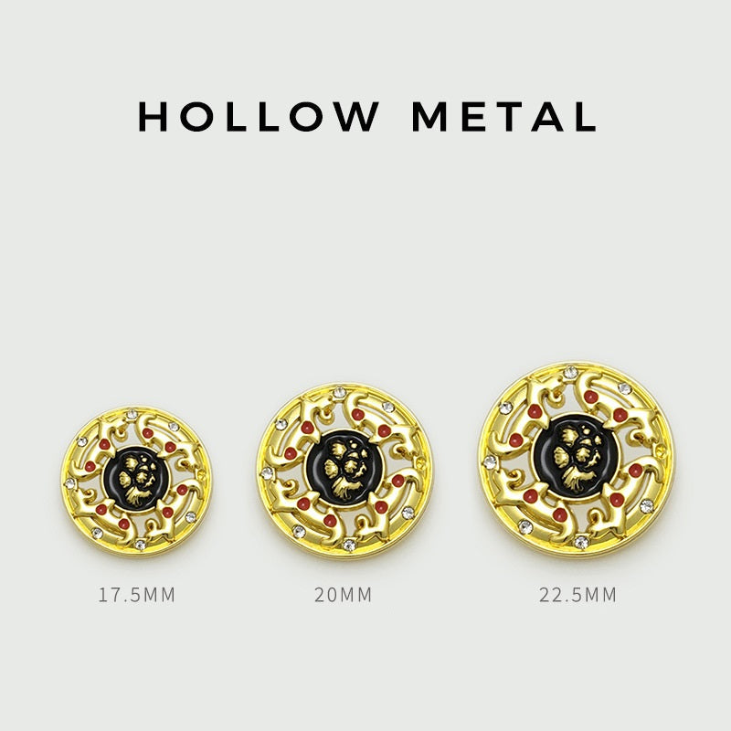 Hollow metal buttons in three sizes: 17.5mm, 20mm, 22.5mm, gold with red enamel