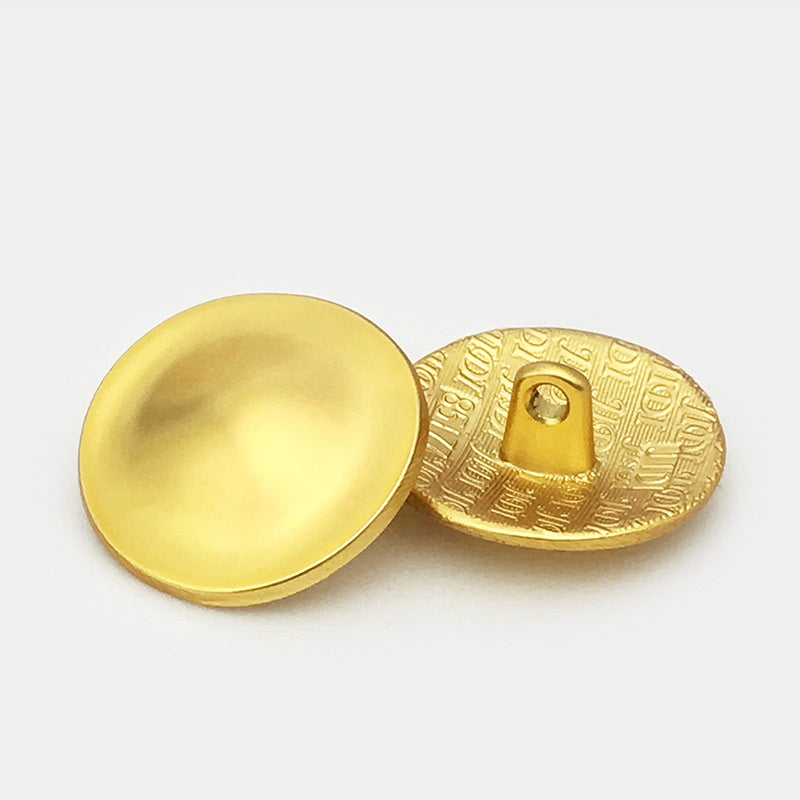 Frosted gold round metal button with back shank and loop, raised domed front