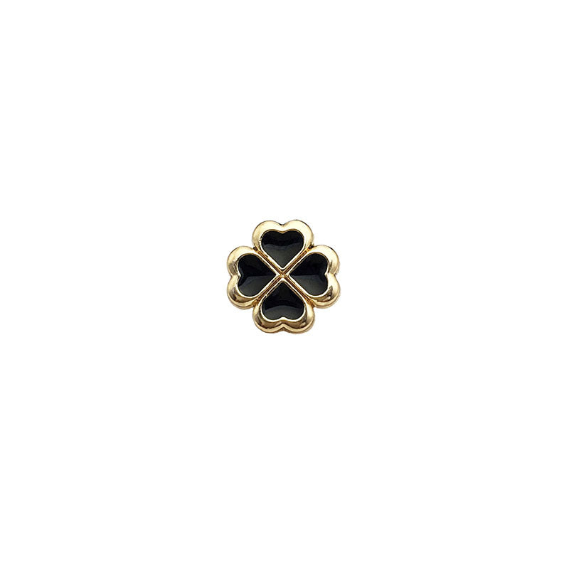 11mm four-leaf clover metal button, black center, gold-tone border