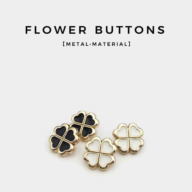 Set of four-leaf clover metal buttons: black and white enamel, gold-tone frame