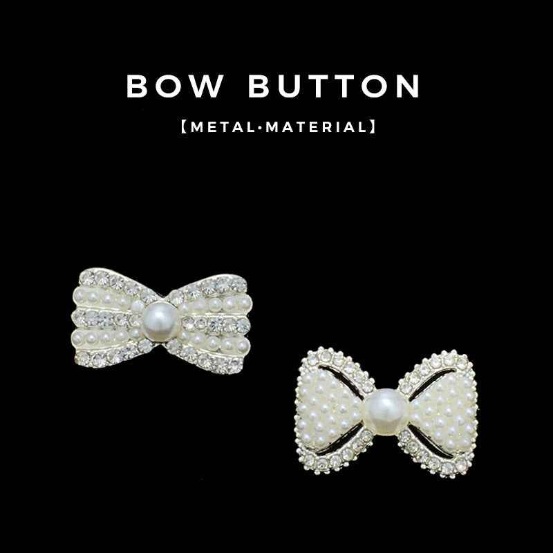 Pearl bow metal button with faux pearl center, rhinestone edging, 20mm size