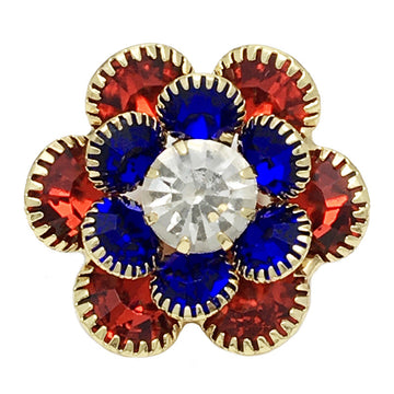 25mm metal flower buttons: red, blue & dark gems, gold-tone setting