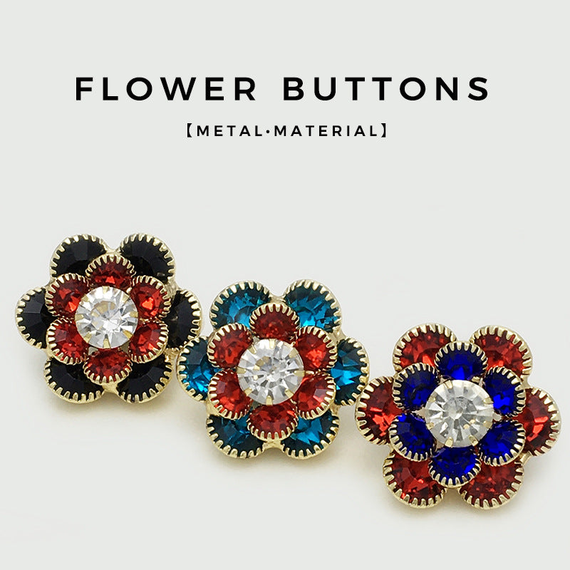 Metal flower buttons with red/blue stones and clear center gems, gold-tone frames