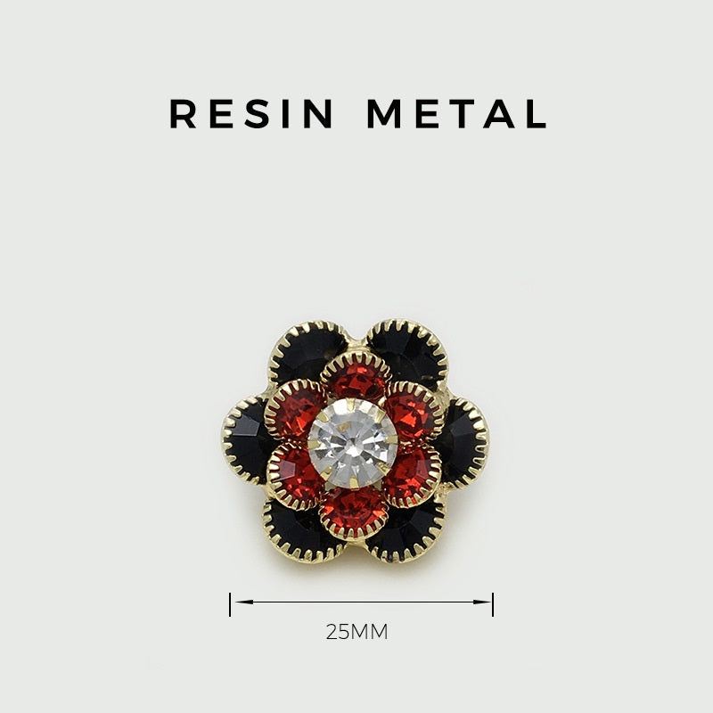 25mm resin metal flower button: black & red stones with clear center, gold-tone rim