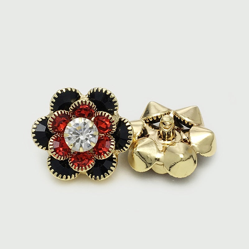 25mm flower button with black/red stones and gold-tone back shank
