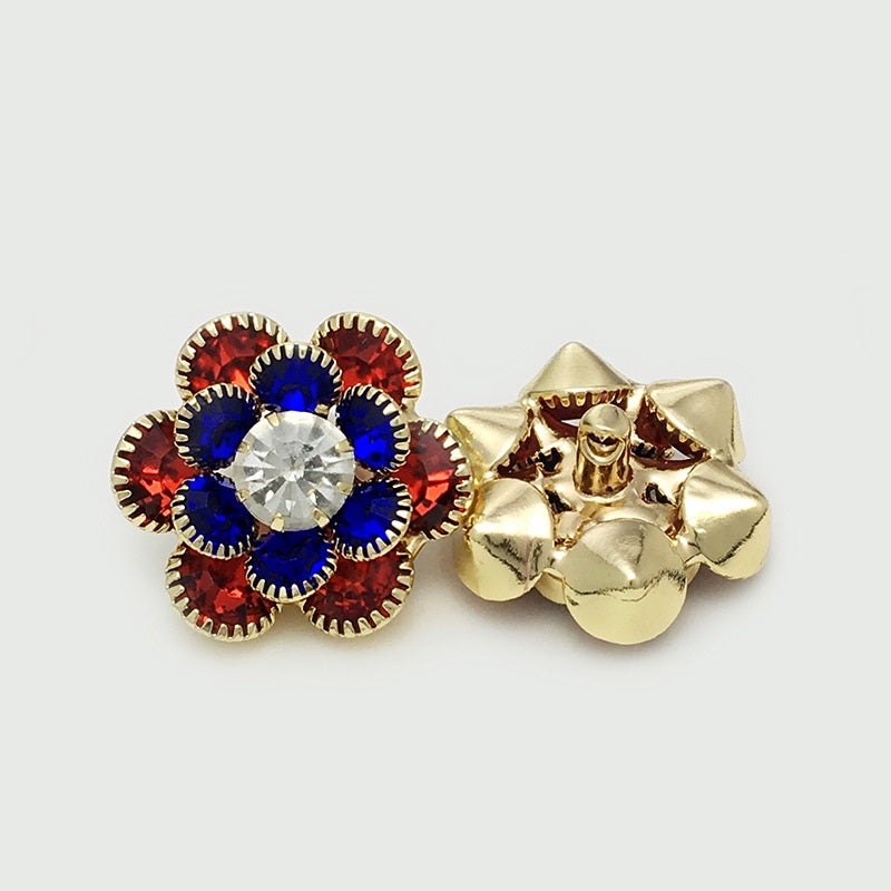25mm flower button: red and blue stones with clear center, gold-tone scalloped edges