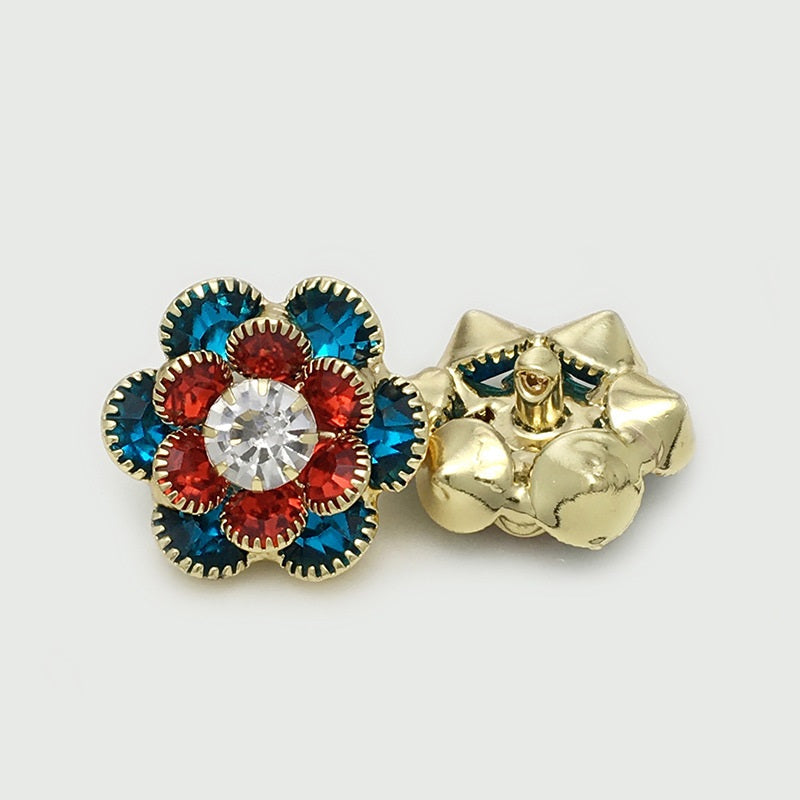 25mm flower button with blue/red stones and gold-tone clasp back