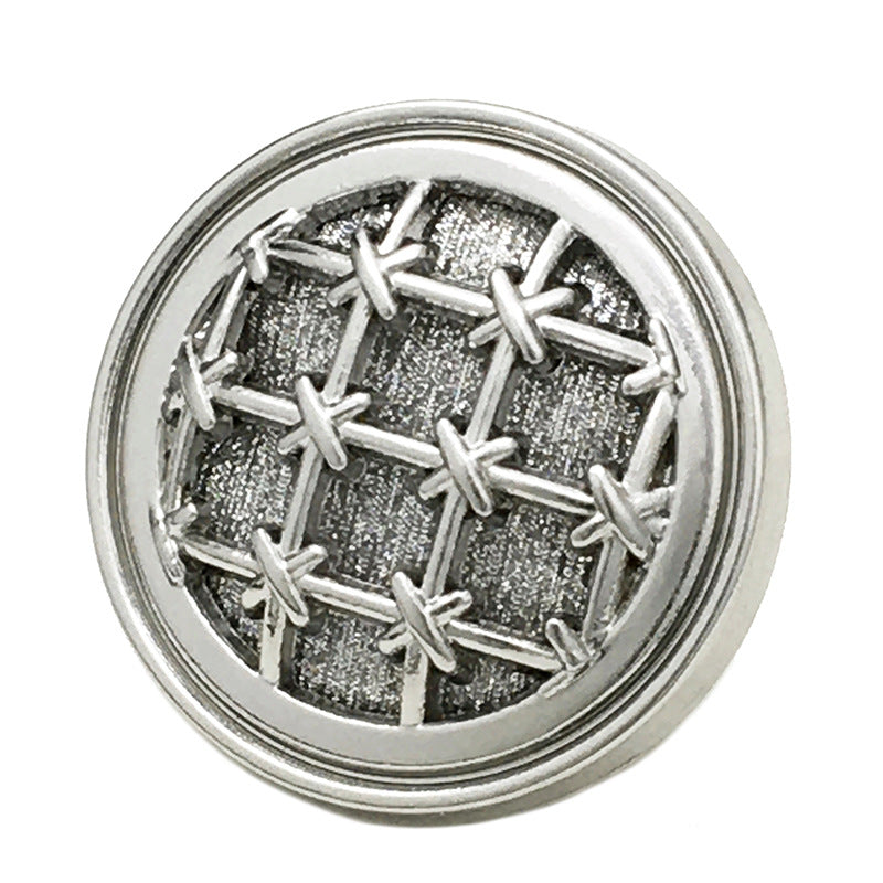 Silver round knit grid metal button, fine sparkle, close-up front