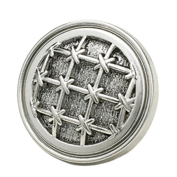 Silver round knit grid metal button, fine sparkle, close-up front