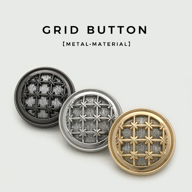Set of round knit grid metal buttons: gun black, silver, gold with fine sparkle
