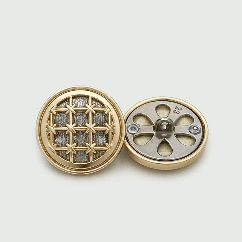 Gold round knit grid metal button with fine sparkle, front and back view
