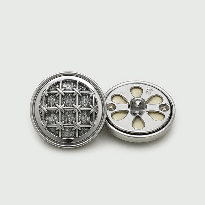 Silver round knit grid metal button with fine sparkle, front and back
