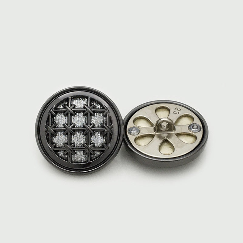 Gun black round knit grid metal button with fine sparkle, front and back