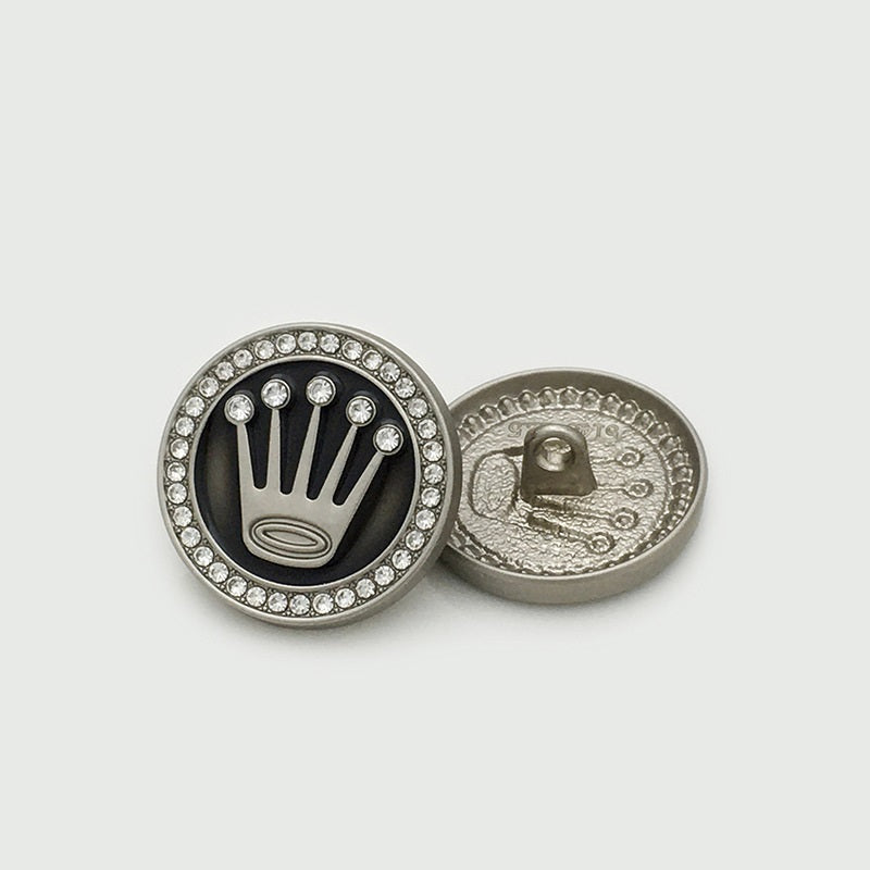 22.5mm runde Kragenknöpfe Crown, silberfarben, Vorderseite mit Strass, Rückseite Metall