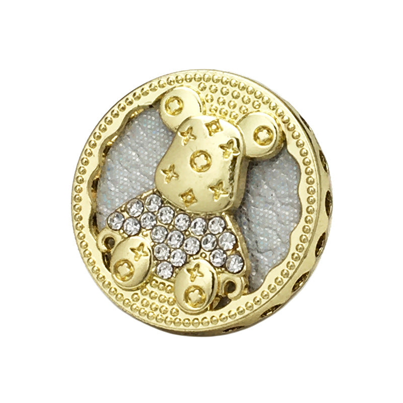 Gold round bear button with rhinestone heart and paw details, 17.5/22.5mm, 6 pcs