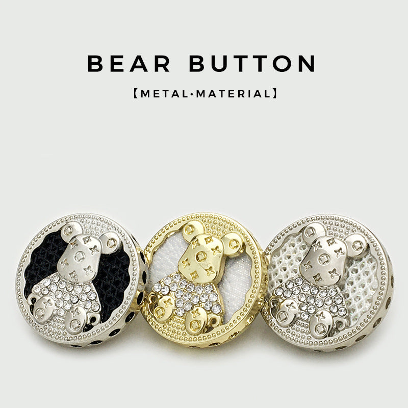 Set of round bear buttons in gold, silver/white, and silver/black with rhinestone details
