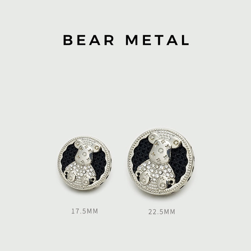 Silver round bear buttons, 17.5mm and 22.5mm, rhinestone accents on bear