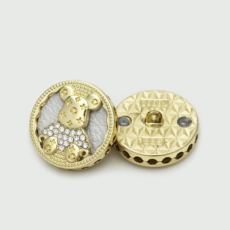 Gold round bear button front and back with rhinestone bear design, 17.5/22.5mm