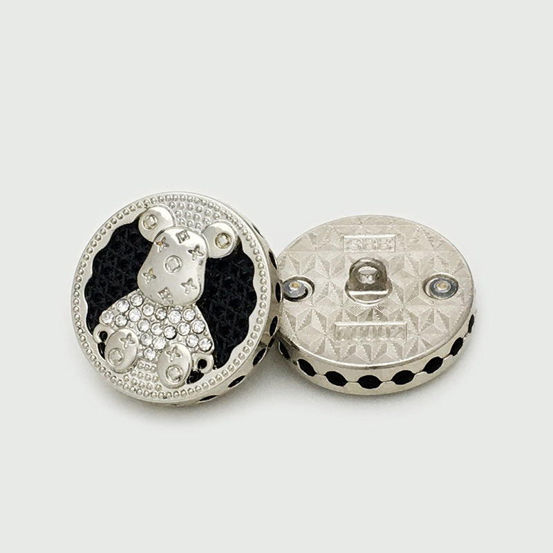 Silver round bear button front and back with rhinestone bear design, 17.5/22.5mm
