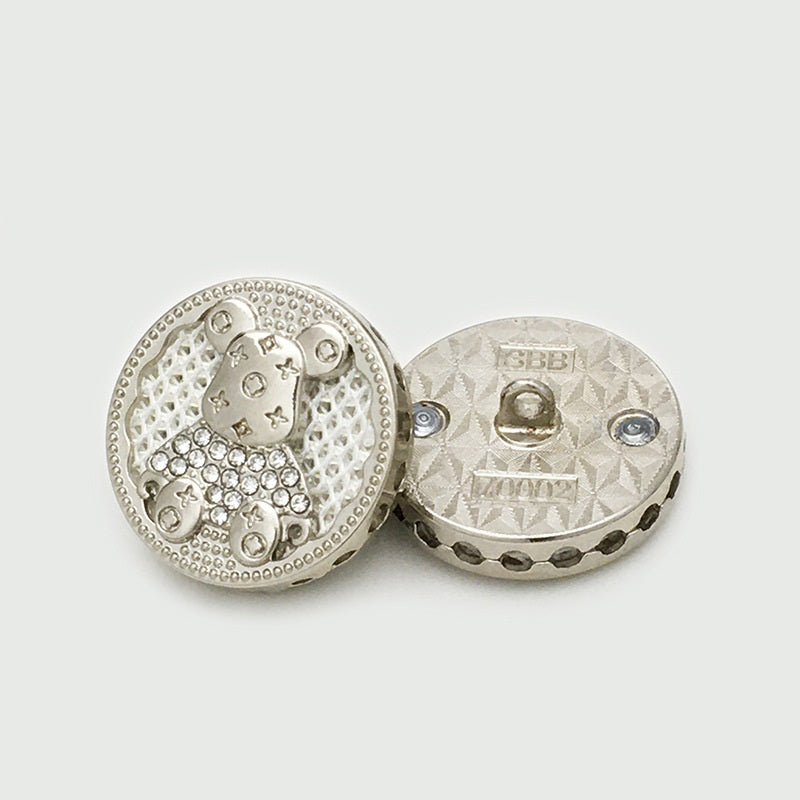 Silver round bear button with rhinestone paws, back with metal shank, 17.5/22.5mm