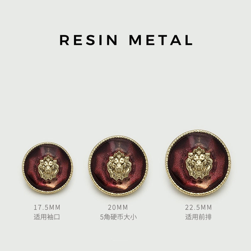 Lion head resin metal buttons in three sizes: 17.5mm, 20mm, 22.5mm, red backdrop