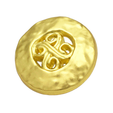 Golden vintage embossed metal button, hollow center, round disc with ornate detailing