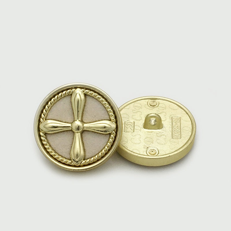 Retro Kreuz Samt-Metallknopf, goldfarben, weißer Einsatz, Ø17.5–25mm, Rückseite sichtbar