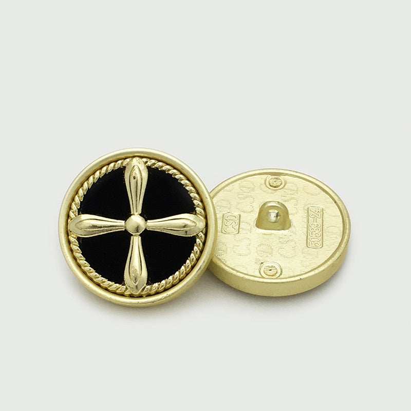 Retro Kreuz Samt-Metallknopf, goldfarben, schwarzer Einsatz, Ø17.5–25mm, Rückseite sichtbar