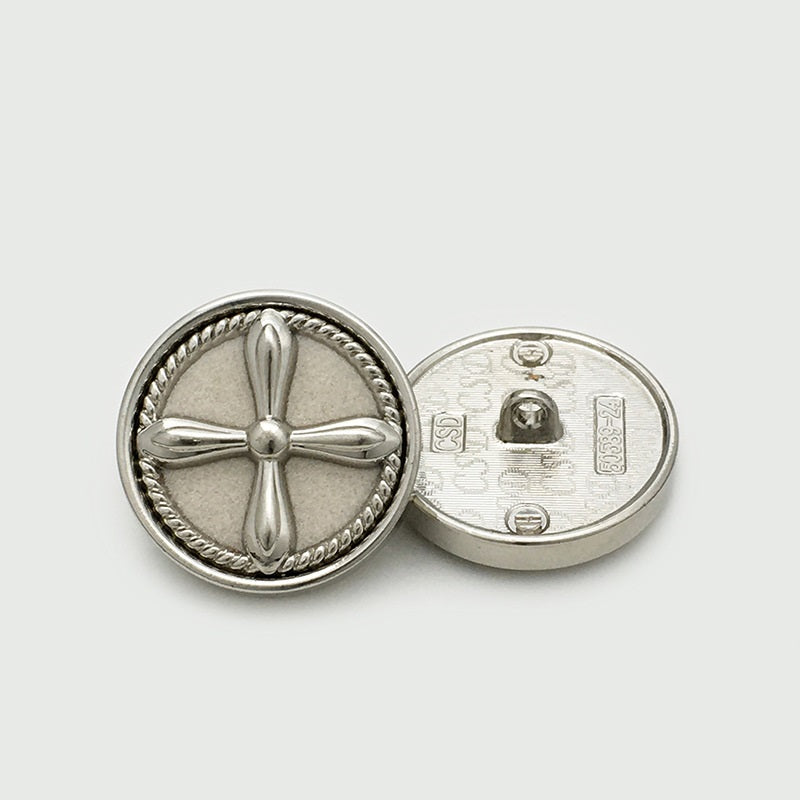 Retro Kreuz Samt-Metallknopf, silberfarben, weißer Einsatz, Ø17.5–25mm, Rückseite sichtbar