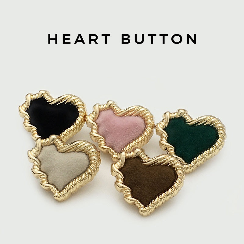 Set of heart buttons: black, pink, green, and grey velvet fronts with gold edges