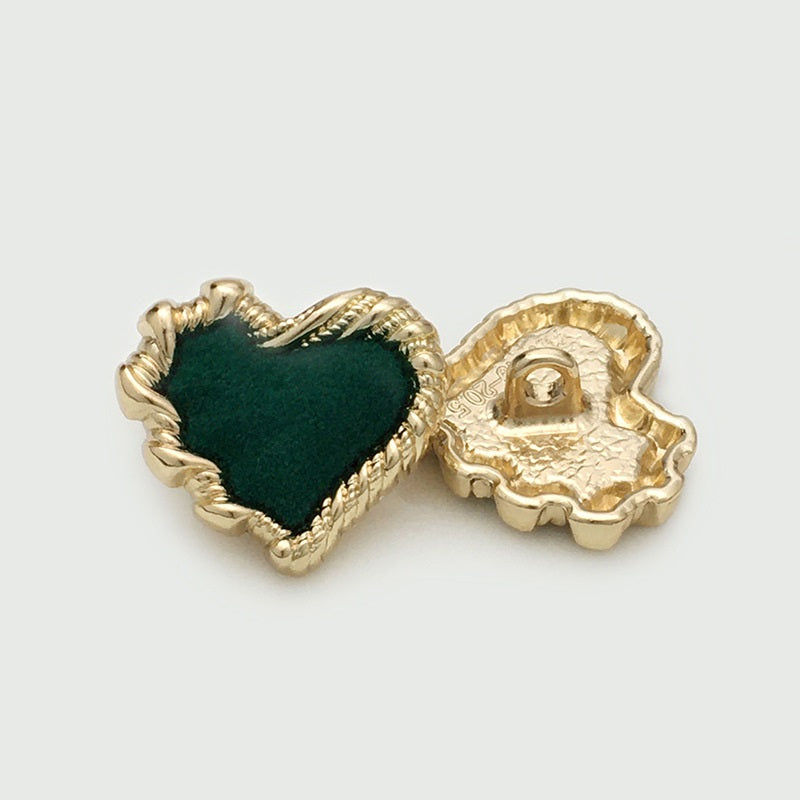 Heart button with green velvet front and gold-tone shank backing