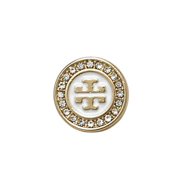 12 mm gold shirt button, round rhinestone bezel, white logo center