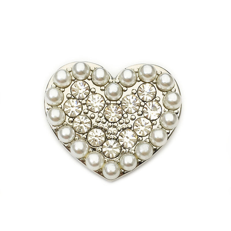 Heart-shaped metal buttons with pearls and rhinestones, silver-tone frame