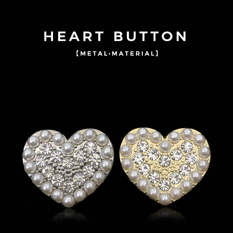 Heart buttons with pearls and rhinestones: one silver-tone, one gold-tone set