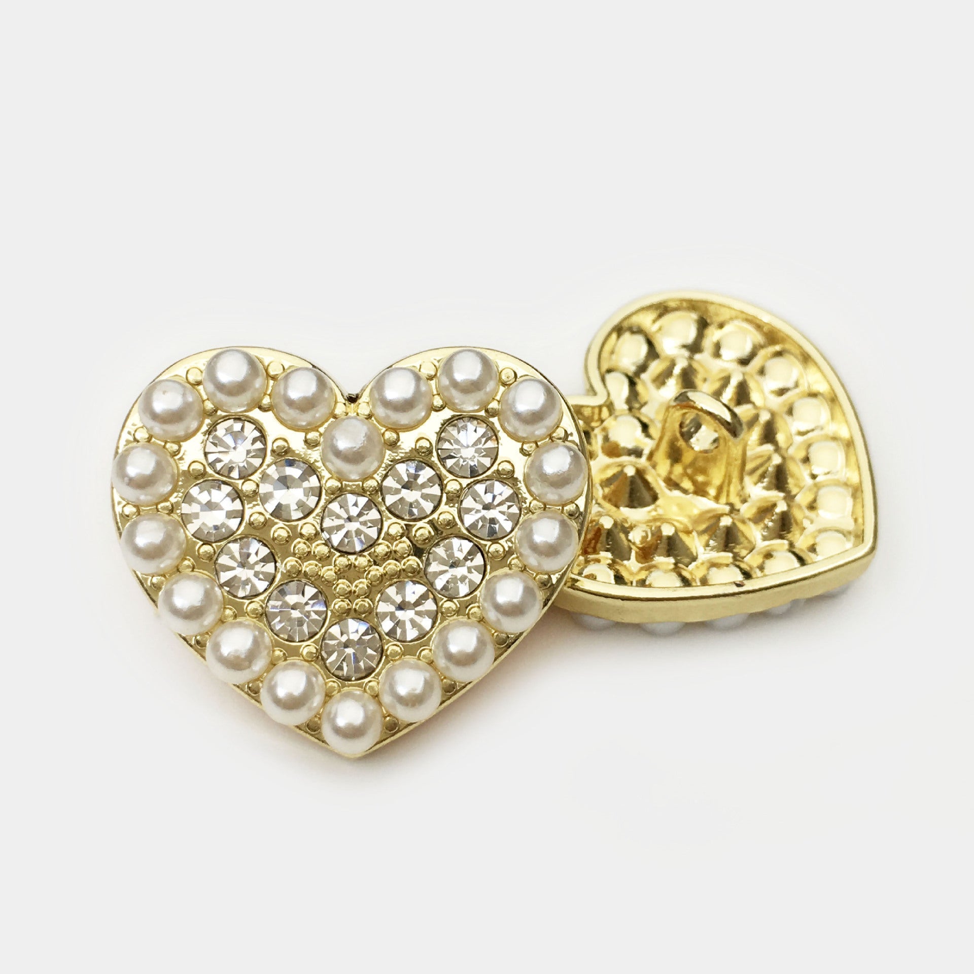 Heart-shaped metal button with pearls and rhinestones, gold-tone front and back