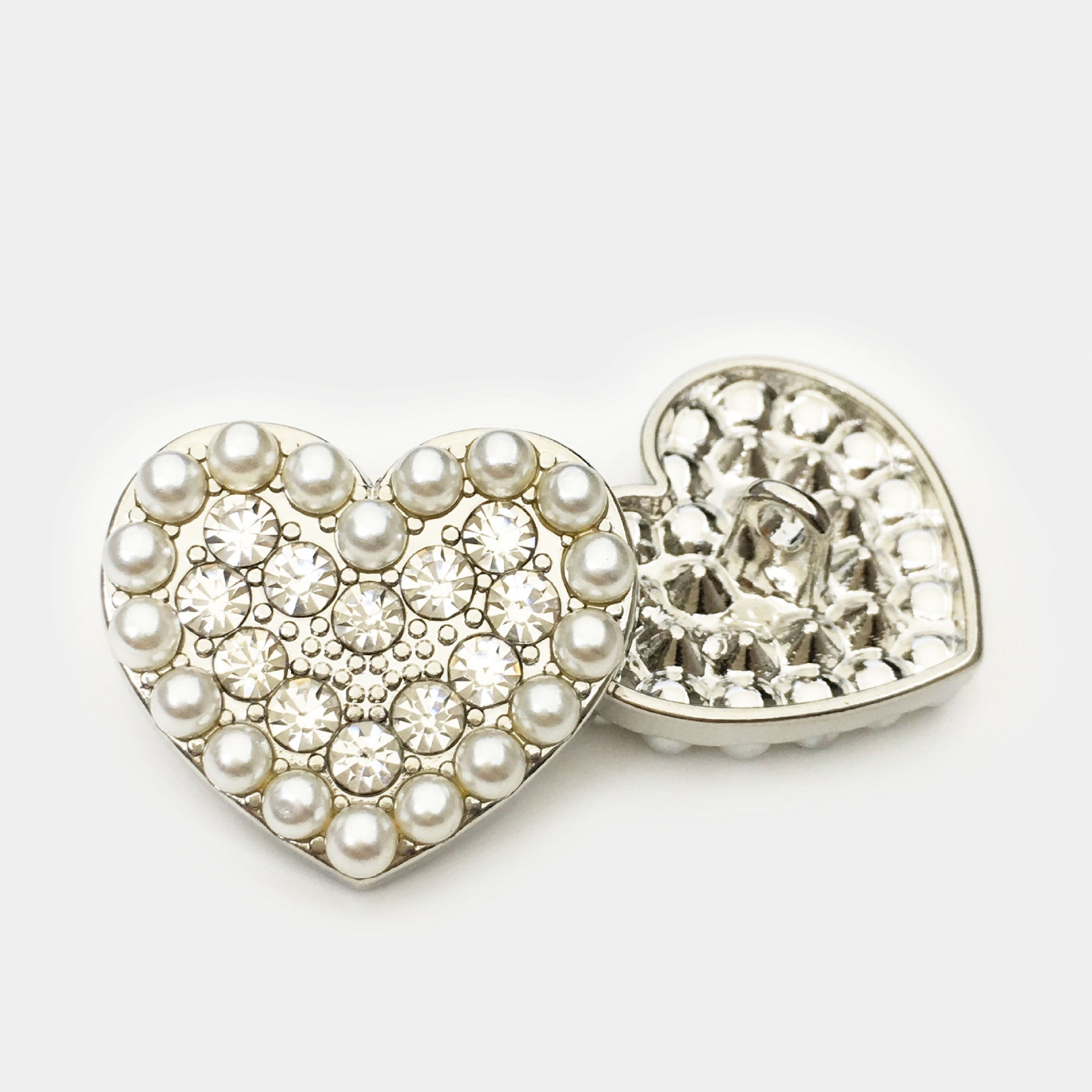 Heart-shaped metal button with pearls and rhinestones, silver-tone front and back