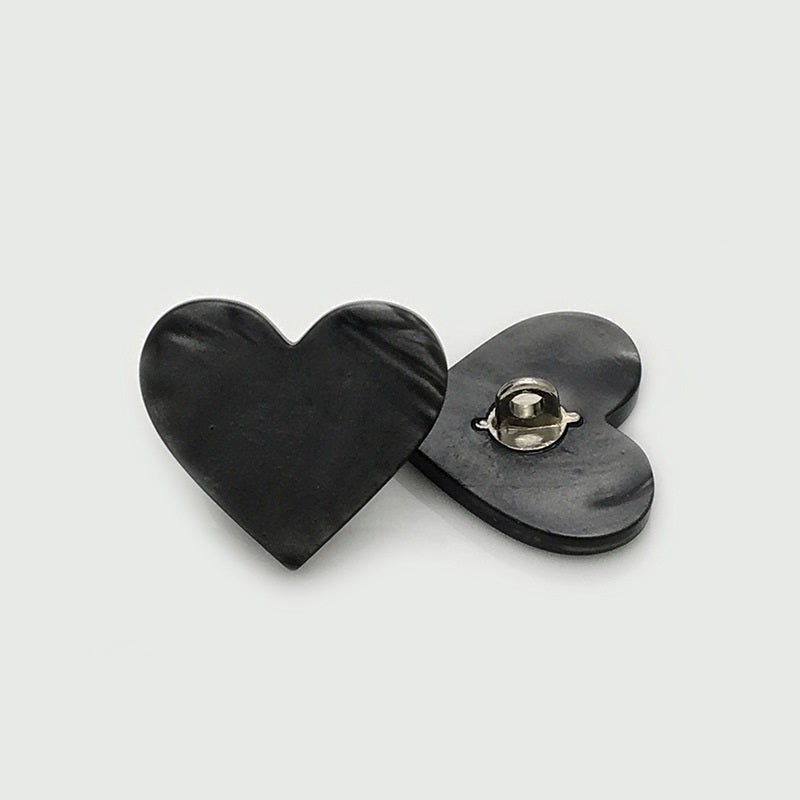 Black resin heart button with metal shank, back view, 17.5/22.5mm