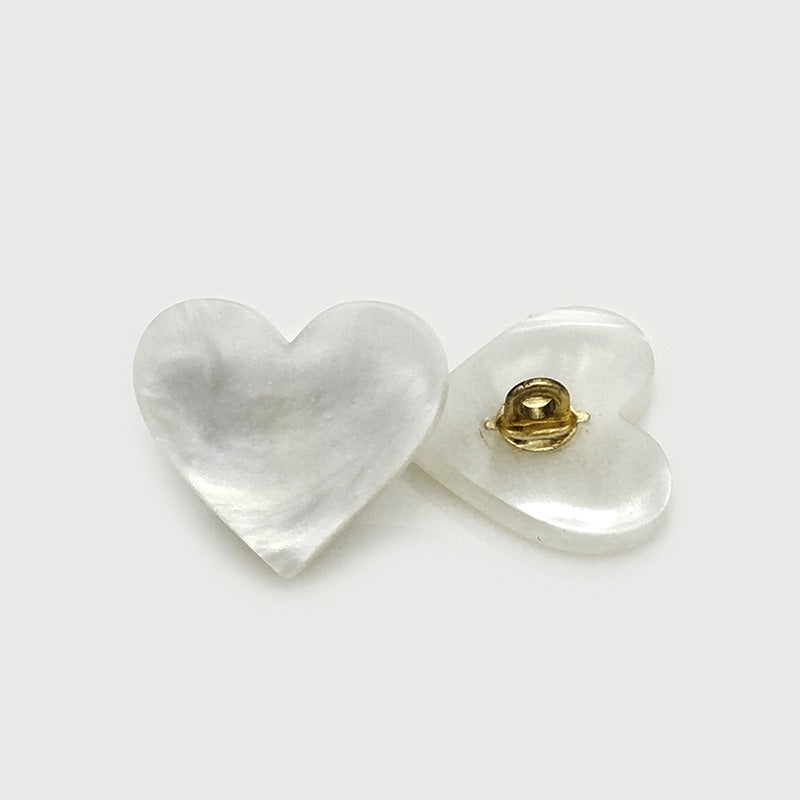 White resin heart button with metal shank, back view, gold tone, 17.5/22.5mm