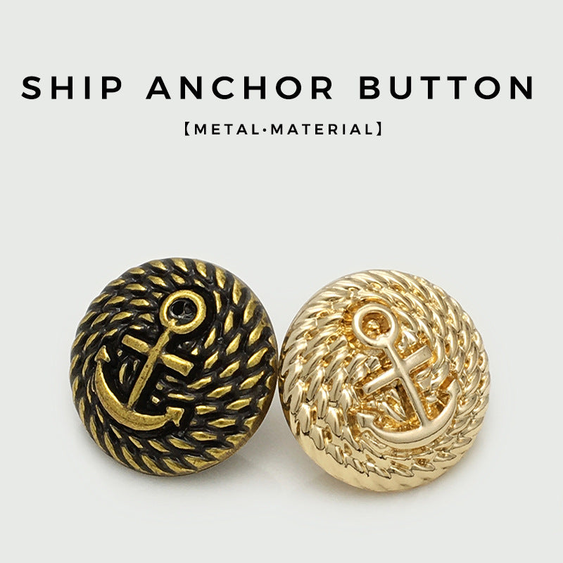 Anchor buttons set in gold and bronze, textured edge with central eyelet