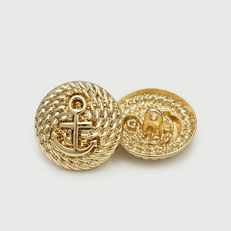 Gold metal anchor button, front and reverse with attachment back plate