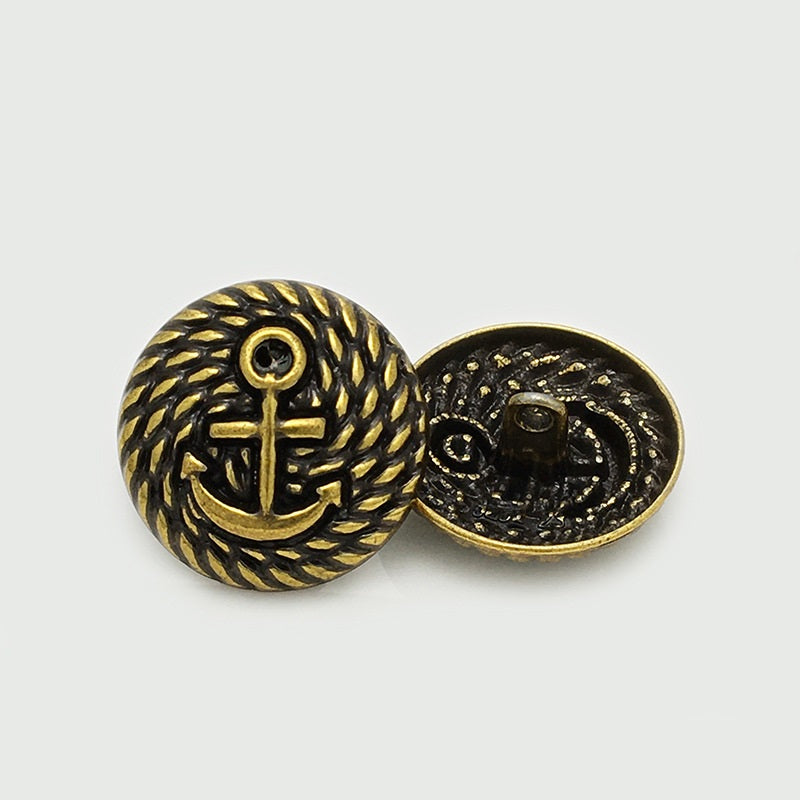 Bronze metal anchor button, front and reverse showing attachment back plate